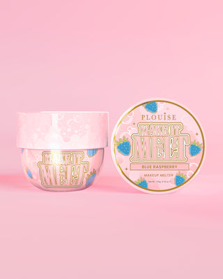 Two tubs of P. Louise Make It Melt Makeup Cleansing Balm in blue raspberry on a pink background