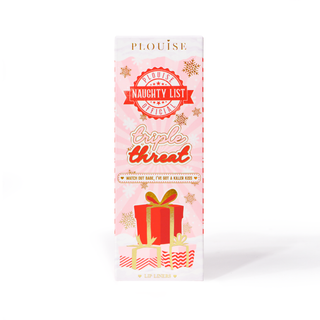 P.Louise Triple Threat Lip Liner Trio Sets packaging with holiday-themed design, featuring pink and red stripes and Christmas-related imagery.