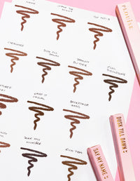 An image of a piece of paper with scribbles on showing each P.Louise Ultimate Definition Sharpenable Lip Liner shade and name